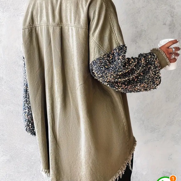 NWOT Olive Green Shacket With Sequin Sleeves - Picture 2 of 7